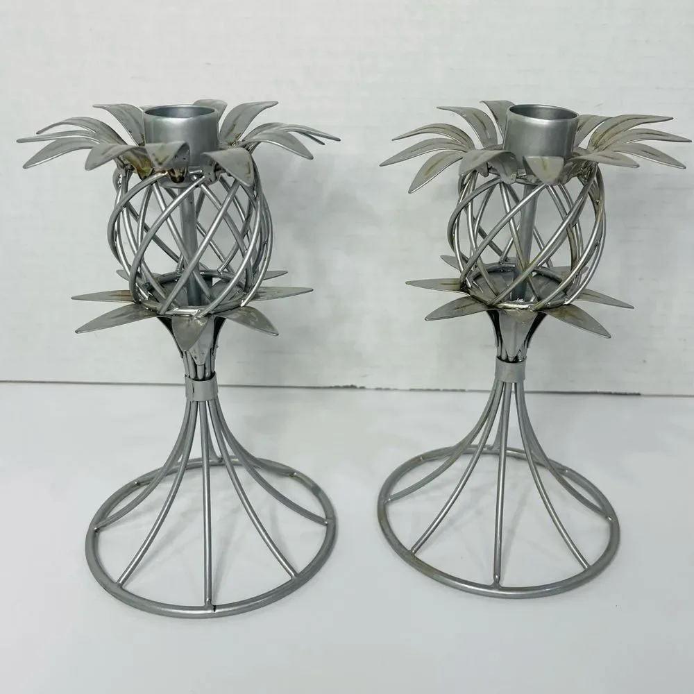 Pineapple Shape Metal Candle Sticks Holders Hawaiian Tropical Coastal Set of 2
